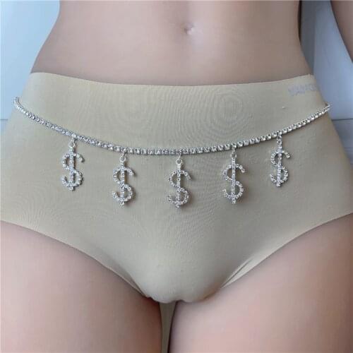 Sexy Underwear Dollar sign Chain White Crystal Thong Panties for Women Silver Color Rhinestone Body Waist Chain Hide-it Jewelry