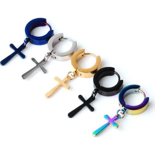 1PC Punk 4 Colors Titanium Steel Cross Stud Earrings for Men Women Jewelry Piercing Gold Fake Ear Plugs Non Piercing Jewelry