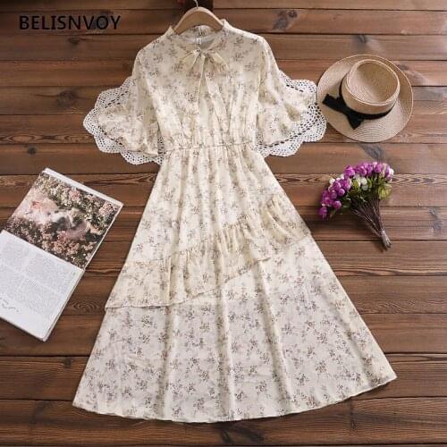 Summer Floral Printed Chiffon Dress Female Elegant V-neck Bow Flare Sleeve Womens Party Dress Irregular Ruffles Midi Vestidos