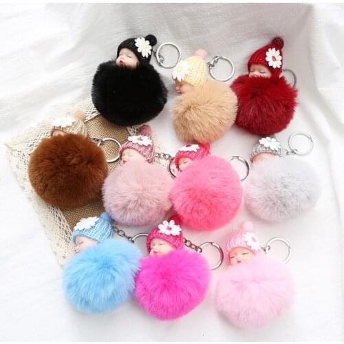 Cute Cartoon Sleeping Doll Keychain Fur Ball Plush KeyChain Keyring Women Handbag Car Key Holder Bag Pendant Toys for Kids Gift
