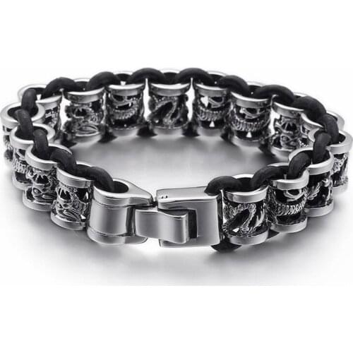 Mixed 316 Stainless Steel & Leather Bracelet For Men Hip Hop Rock Animal Charm Linking Chain Bracelet Heavy Chunky Jewelry Man
