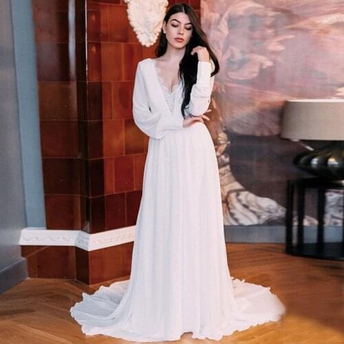 Boho Wedding Dresses for Women Bride V-Neck Backless Long Sleeve Lace Chiffon Bohemian Bridal Gowns Plus Size Vestidos De Novia