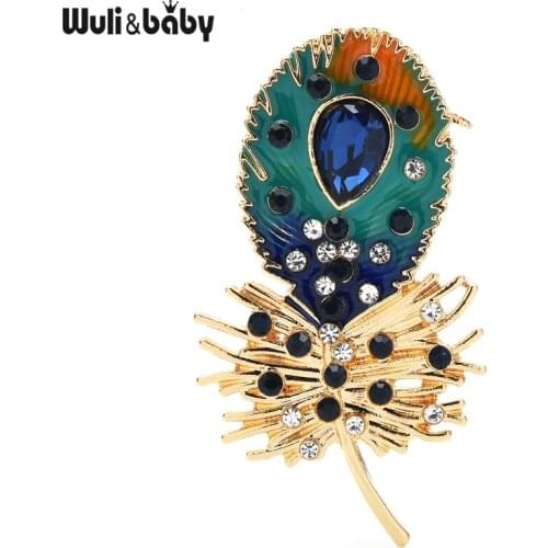 Wuli&baby Blue Enamel Feather Brooches Women Men Classic Rhinestone Weddings Party Office Brooch Pins Gifts