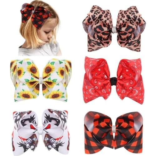 Oaoleer 6.5 Inch Ribbon Hair Bows Clips Bowknot Leopard Sunflower Hairpins Barrettes for Baby Girls Rhinestones Hair Accessories