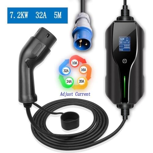 Mode 2 EV Charger Type 2 For Electric Car CEE 5 Meters EV Charging Cable Portable Charger 7.2KW 10A/16A/20A/24A/32A Adjustable