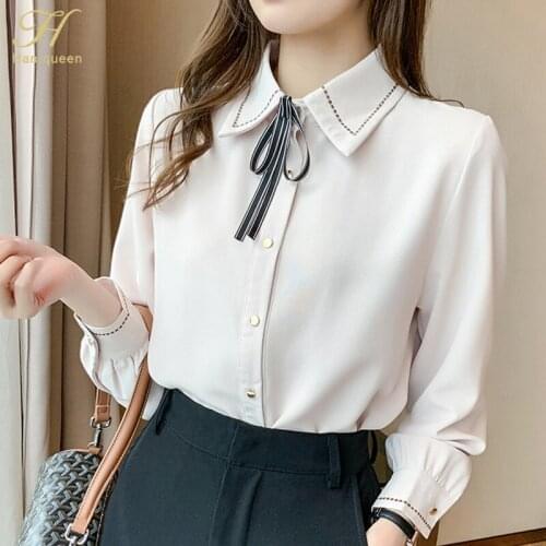 H Han Queen 2021 Spring Autumn Women Blouse Simple Versatile Ladies Tops Chiffon Bow Casual Blouse Female Work Wear Office Shirt