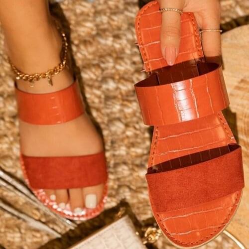 Summer New womens Slipper Fashion Women Shoes Pu Leather Flat sandals peep toe Slipper Ladies Outside Beach Shoes Plus Size 43