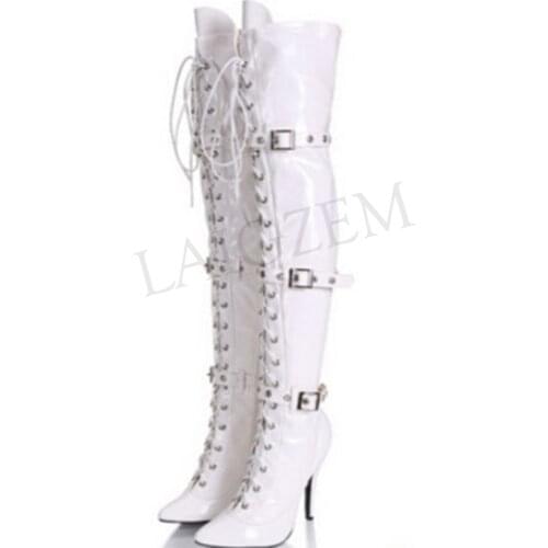 LAIGZEM Women Thigh High Wide Calf Boots Adjustable Buckles Straps & Stiletto Heels Boots Shoes Botines Mujer Big Size 34-47