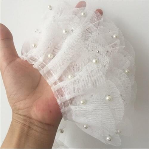 10Yards 6.5cm 3Layer Mesh Fake Pearl Beaded Lace Trim Vintage Ruffled Mesh Fabric Pleats Clothing Doll Skirt Lace Applique
