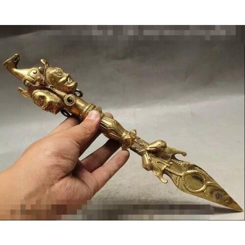 14" Tibetan Buddhism Brass 3 Mahakala Buddha Head Phurba Dagger Holder Statue