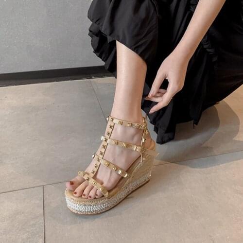 2021 New Wedges Sandals Platform Weave Heels Sandalias Rivets Narrow Band Casual Party Women Shoes Mothers Day Gift