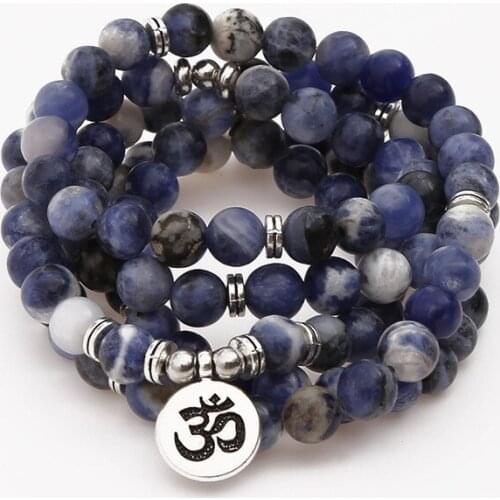 5 Wraps Blue Stone Lotus Jewelry Trendy 108 Mala Yoga Bracelet or Necklace Om Charm Aquamarines Bracelet