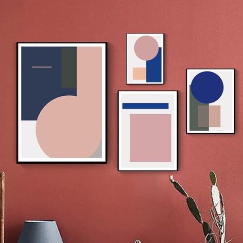 Abstract Posters And Prints Wall Art Canvas Painting Nordic Wall Pictures Geometric Lines Pink Blue Color Block For Living Room