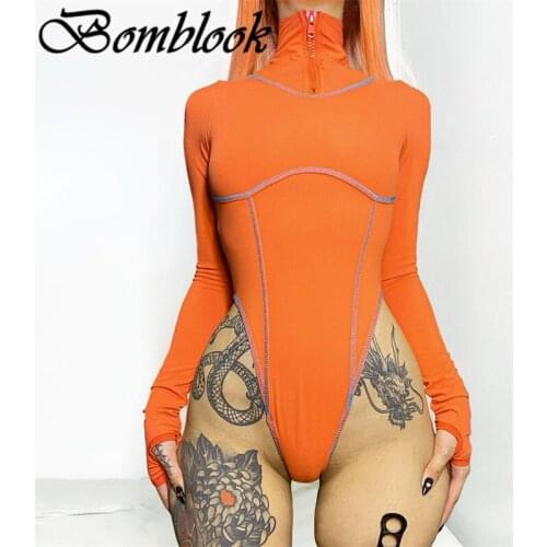 Bomblook Casual Fashion Womens Solid Bodysuits Autumn 2021 Strand Collar Long Sleeve Zippers Bodysuits Female Streetwears