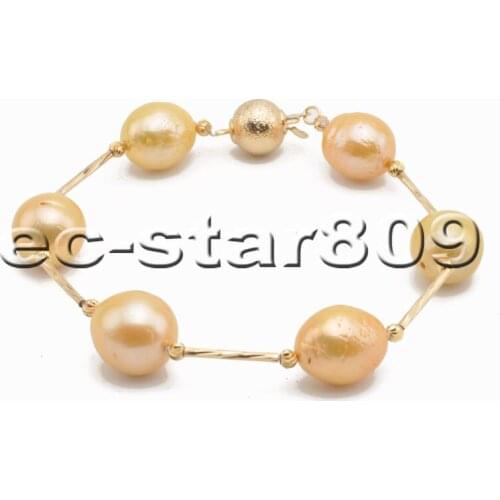 P6540 8" 14mm Almost-Round Golden Edison KESHI PEARL Bracelet