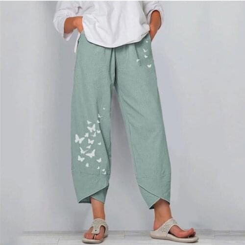Summer Breeches Pants For Women Cotton Linen Straight Casual Butterfly Print joggers Women Harem Sweatpants Baggy Wide Leg PanT