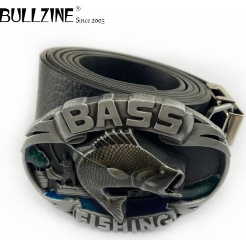 Bullzine zinc alloy retro Bass Fishing belt buckle jeans gift belt buckle Free PU belt FP-02640 drop shipping