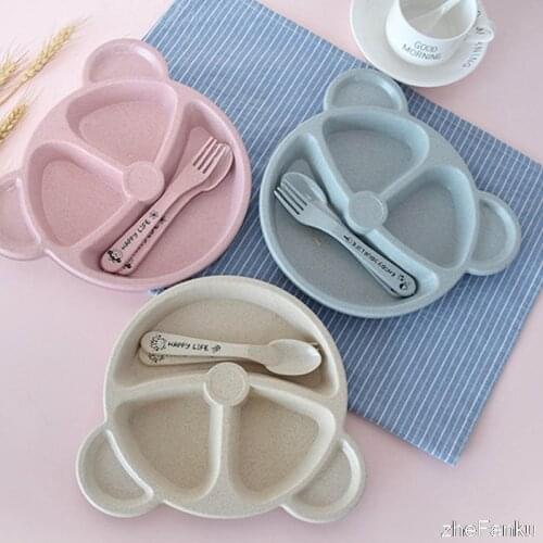 Baby Dinnerware Anti-hot Wheat Straw Training Plate Cartoon Bear Kids Dishes Baby Bowl+spoon+fork Feeding Food Tableware Set