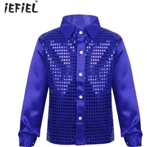 IEFiEL Kids Boys Shirts Glittery Sequined Long Sleeves Spread Turn-down Collar Lapel Shirt for Boys Jazz Dance Stage Performance