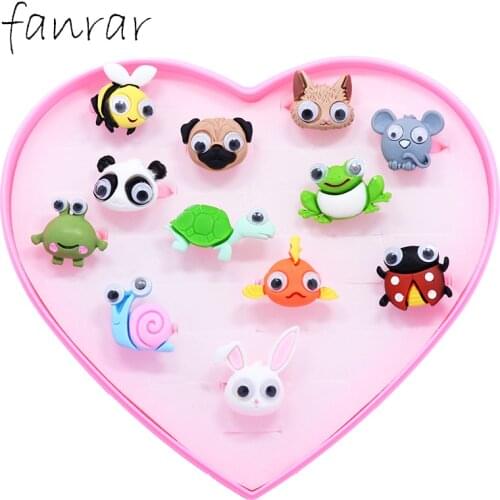 Wholesale 12pcs/Box Cute Cartoon Animals Kids Bunny Panda Snails Frog Tortoise Rings for children Girl Finger Ring Party Gift