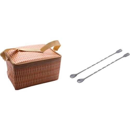 2Pcs New Stainless Steel Bar Cocktail Twisted Mixing Spoon Fork DIY Set with Portable Imitation Rattan Lunch Bags