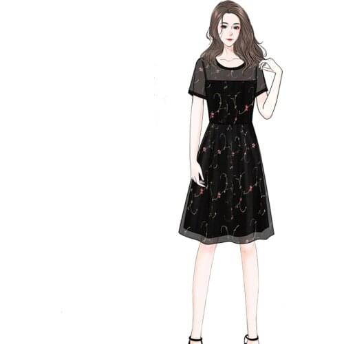 Lace Voile Patchwork Hollow Dresses Women 2020 Girl Elegant Floral O-Neck Female Dress Solid Short Sleeve Breathable Party Dress