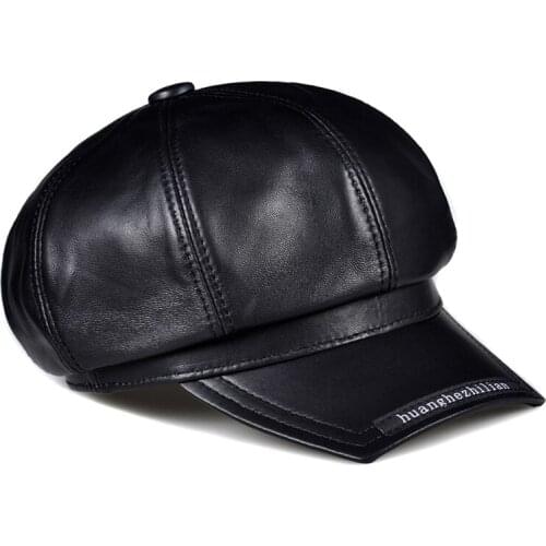 Autumn Female Solid Color Real Leather Octagonal Hat Wild British Retro Beret French Artist Newsboy Korean Hip-hop Student Cap