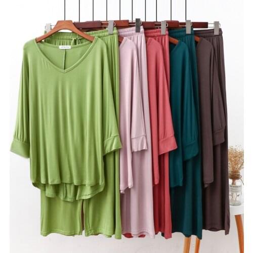 Womens Trouser Suits Solid Color Cotton V Neck Pajamas Waist Wide Leg Trousers Homewear Soft Leisure Loose Bat Sleeve Sleepwear
