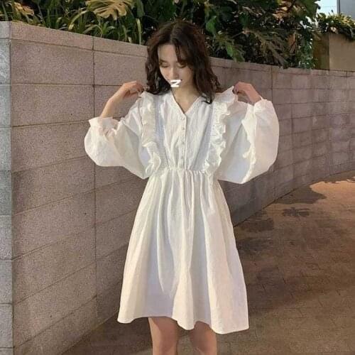 Women Mini Short Ruffles Dress Korean Fashion Long Sleeves V Neck Solid Girls Shirt Dresses Chic Summer Spring Vestidos Slim