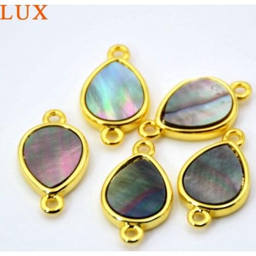 Natural black shell connector teardrop pear shape Gem stone charms sea shell gold setting jewelry double bail pendant