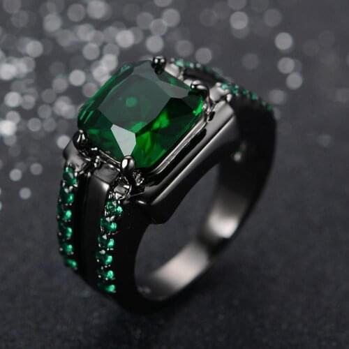 Vintage Male Female Crystal Green Ring Charm 14kt Black Gold Wedding Rings Punk Square Zircon Engagement Rings For Men Women