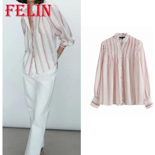 Za 2021 Vintage Chic Red Striped Women Shirts Long Sleeve Ruffles Single Button Office Lady Blouses Autumn Elegant Mujer Tops