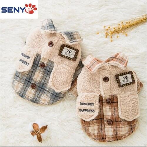 Pet clothing cat winter Leisure lattice campus fashion style Plush warm checked cotton padded jacket Teddy small dog dog jacket