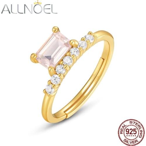 ALLNOEL Solid 925 Sterling Silver Rings For Women Natural Rose Quartz 5A Zircon Diamond Ring Gift Adjustable Fine Jewelry 2020