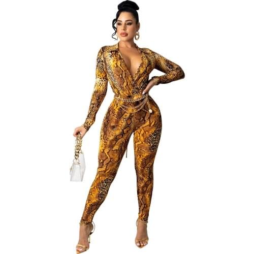 Casaul Women Print Snake V-neck Shirt And Long Pants Sportsuit Tracksuit Matching Set For Women Outfit