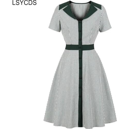 LSYCDS Women Summer Ladies A Line Flare Retro Dresses Vintage Single Breasted V-Neck High Waist Striped Dress