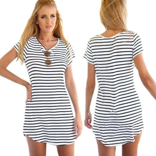 Women O-Neck Short Sleeve Striped Loose Mini Dress Sundress Women Beach Summer Dress