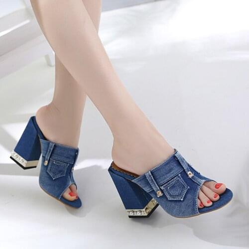 Blue Sandals 11cm Chunky Sandals Summer Womans Shoes Fashion Denim High Heels Sandals Ladies Slippers Leisure Woman Sandals