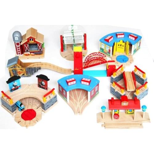 Wood Train Station Car Garage Toy Magnetic Bridge Slot Toys Connected with Wooden Railway Track Interesting Present for Children