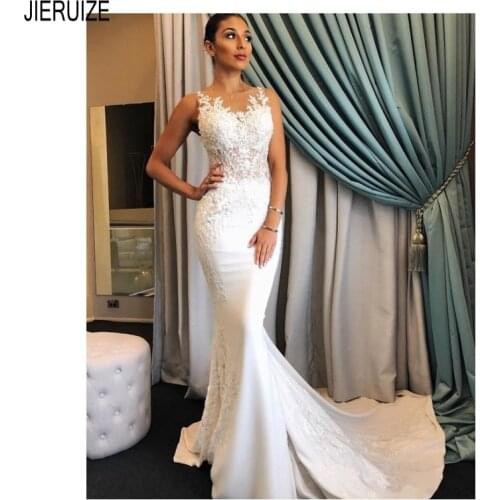 JIERUIZ Fashion Wedding Dresses Sheer Neck Lace Appliques 2020 White Slim Mermaid Wedding Gowns Button Back vestido de noiva