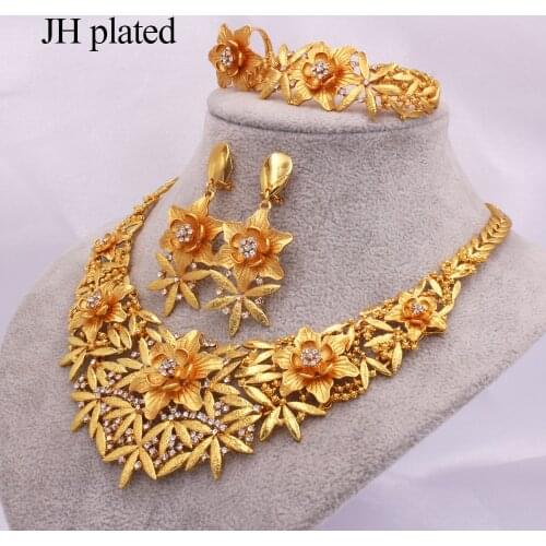 Ethiopia jewellery Dubai gold color jewelry sets women wedding Ornament gifts Necklace earrings ring bracelet Bride Flowers set