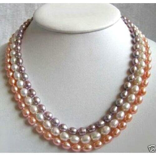 Selling Jewelry>> 7-8mm 3 Rows Multi-Color Genuine Pink White Purple Pearl Clasp Necklace 17-19"H
