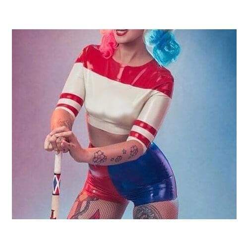 Red & blue & white mixture colors womens tight latex t-shirt and shorts with 100% handmade crafts