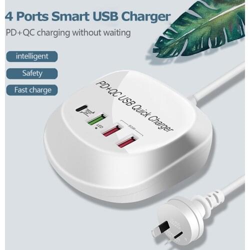 4 Ports QC3.0 Quick Charging Multi-Function USB PD 20W Charger Type-C Smart Desktop Charging Adapter for Smartphones Tablets