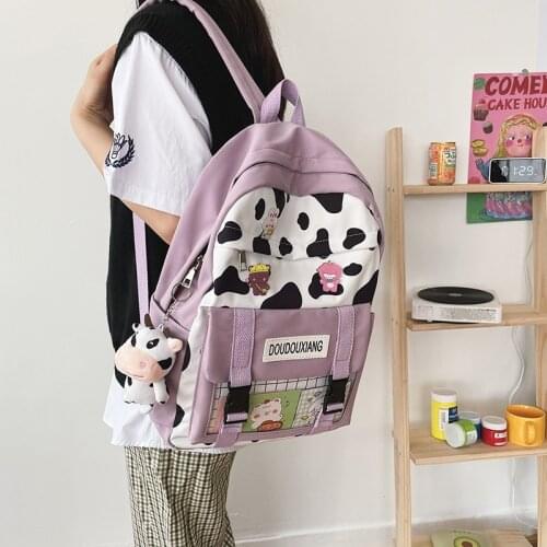 Fashion Women Backpack Nylon Cute Cow Stripes School Bags For Teenager Girls Trend Bookbag Large Capacity Scoolbags 2021