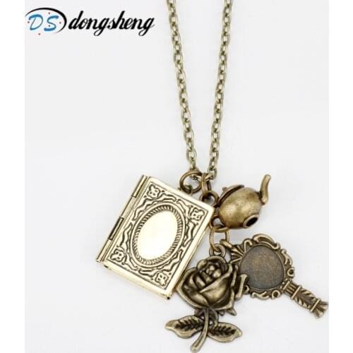 2017 New Beauty And Beast Necklaces Vintage Book Rose Flower Key Pendants Necklace Choker Victorian Jewelry Accessories -30