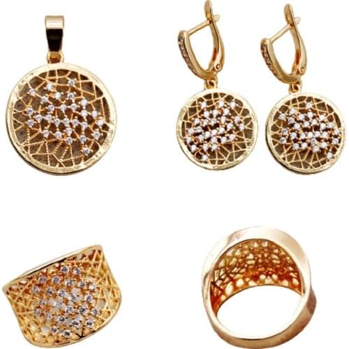 New Fashion Jewelry Sets accessories Hoop Gold Round Earrings Rings Necklace Pendent White Stone Zircon Women 3pcs set