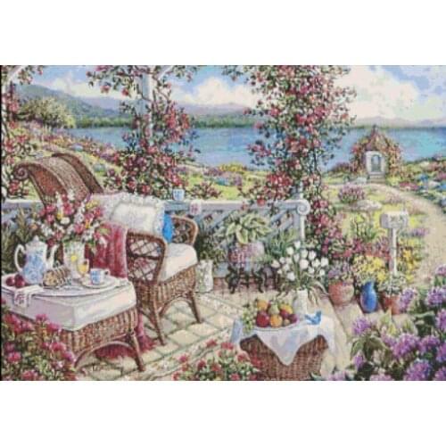 New Seaside Garden Scenery Cross Stitch Kits Oil Painting Crafts 14CT Unprinted For Embroidered Handmade Art Wall Home Decor