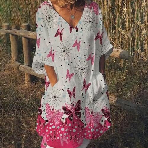 Stylish Bar Women Casual Butterfly Printed Party Dresses Summer Loose Pockets Mini Dress Eleagnt Ladies V-Neck Half Sleeve Dress