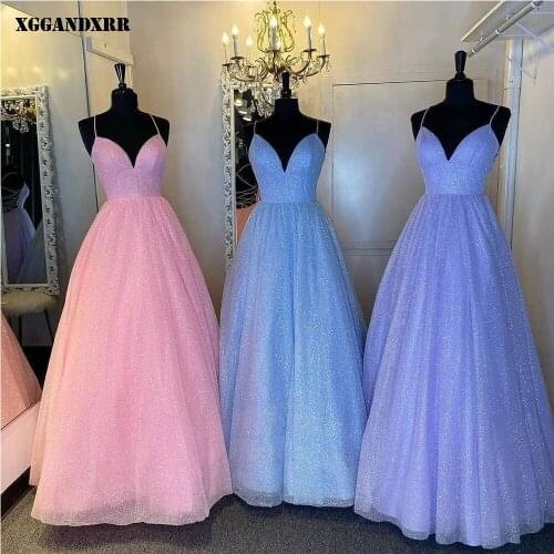 Amazing A-Line Prom Dress 2022 Tulle Long Skirt Pink Sky Blue Sea Blue Sleeveless V-Neck Party Gown Custom Made